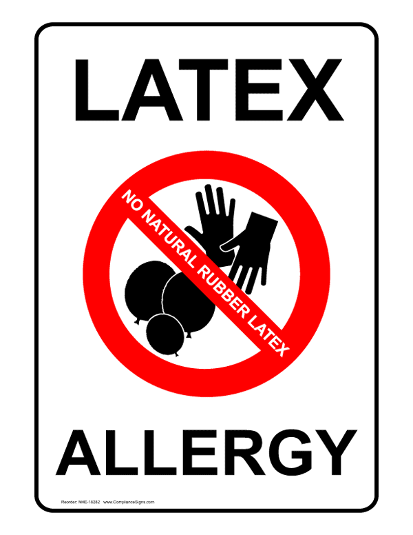 No latex allergies sign with glove and balloon No latex allergies sign with glove and balloon